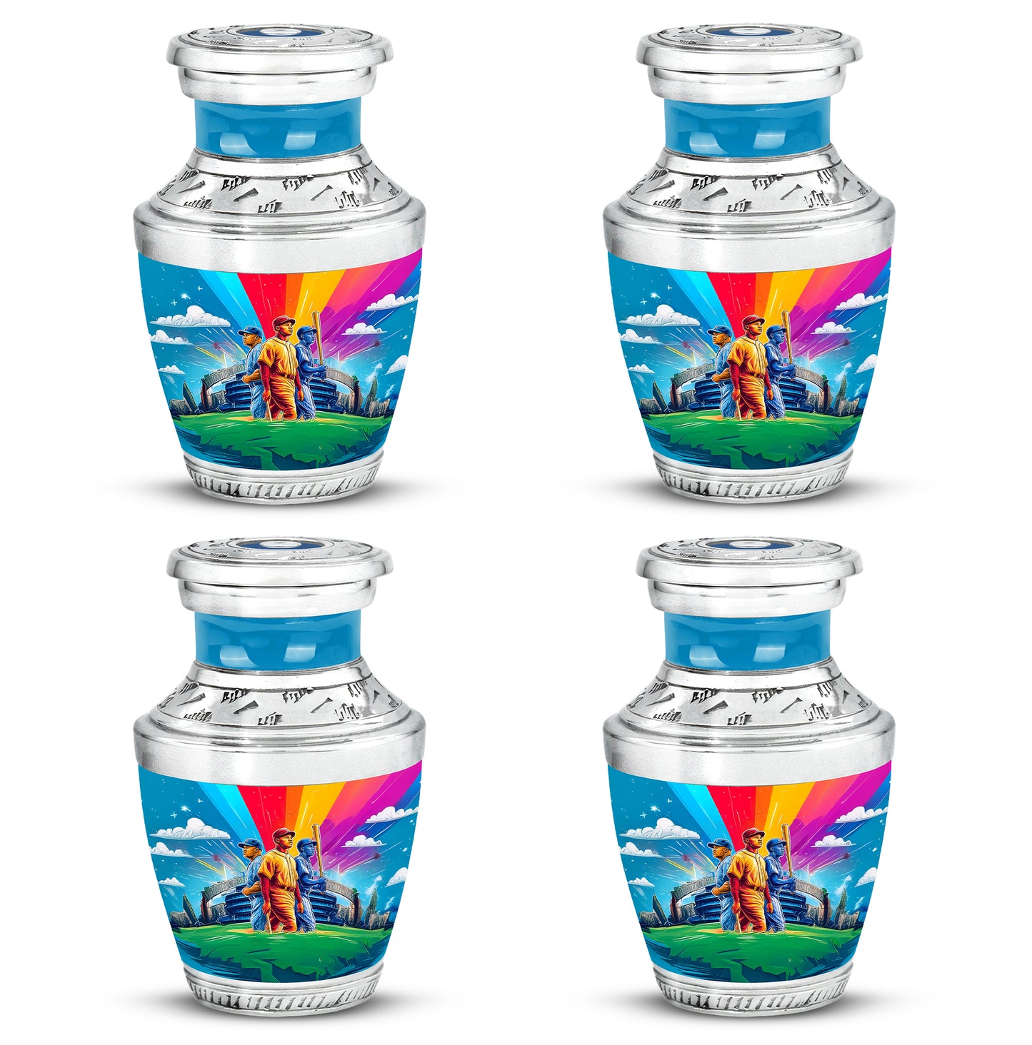 Celestial Blue Baseball Cremation Urn back view with polished surface - contemporary baseball design with modern artistic flair - 10 inch aluminum urn for cremated remains