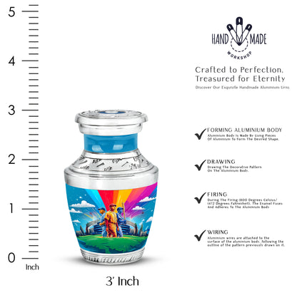 Sapphire Blue Baseball Cremation Urn top-down view of secure threaded lid - stylized abstract baseball pattern with bold lines - mini keepsake memorial for portion of cremation ashes