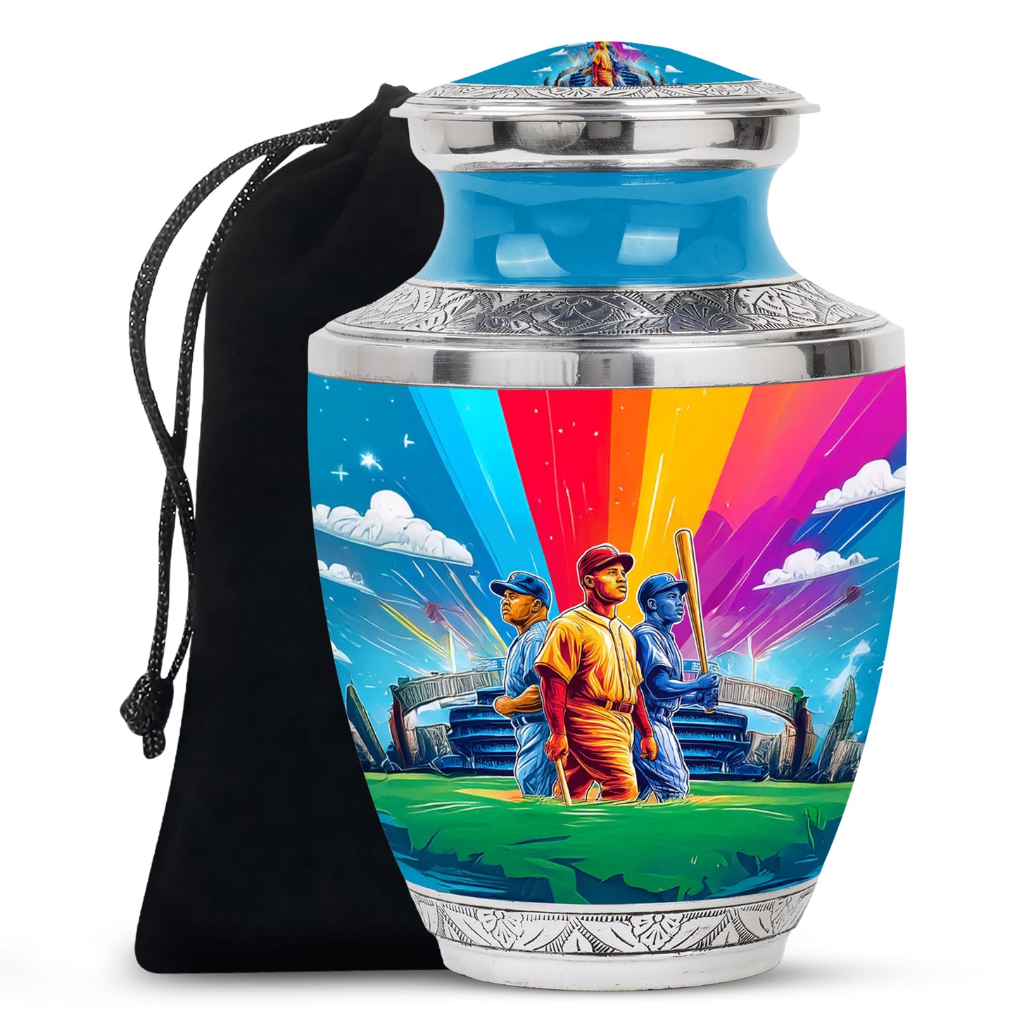 Soft Blue Baseball Cremation Urn side profile showing urn shape - stylized abstract baseball pattern with bold lines - full-size 10 inch 200 cubic inch adult cremation urn