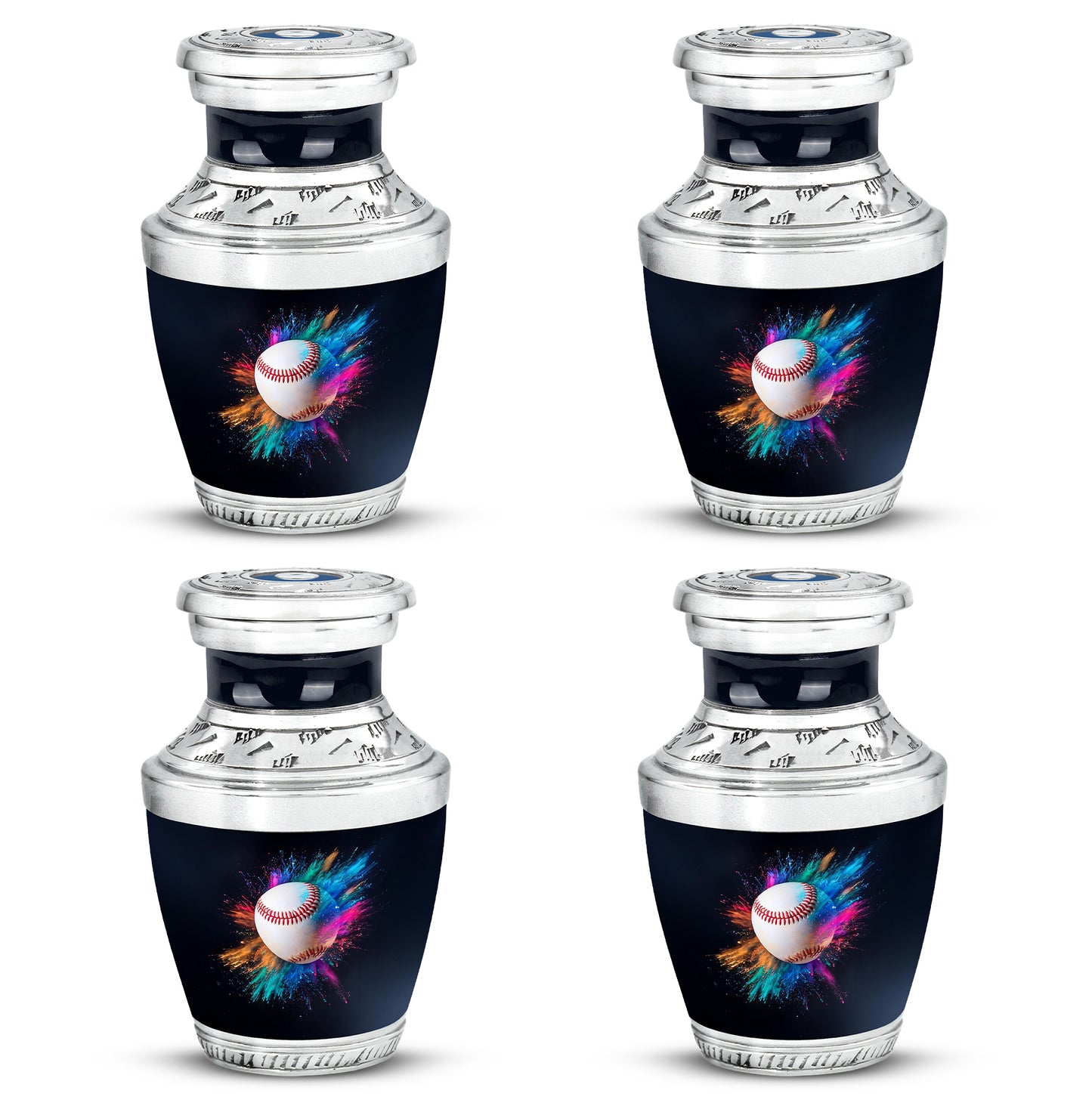 Onyx Black Baseball Cremation Urn back view with polished surface - stylized abstract baseball pattern with bold lines - 10 inch aluminum urn for cremated remains