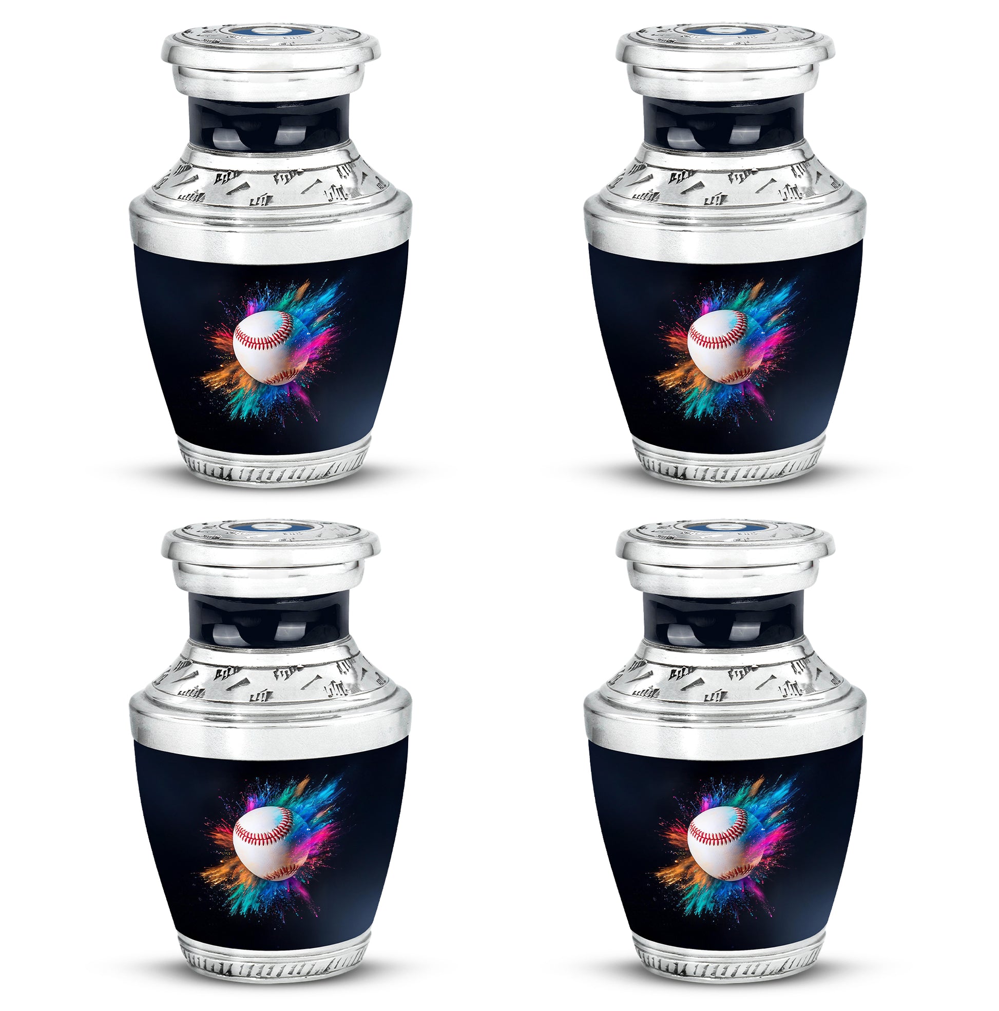 Onyx Black Baseball Cremation Urn back view with polished surface - stylized abstract baseball pattern with bold lines - 10 inch aluminum urn for cremated remains