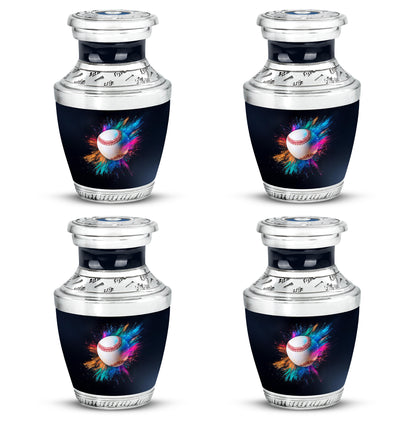 Onyx Black Baseball Cremation Urn back view with polished surface - stylized abstract baseball pattern with bold lines - 10 inch aluminum urn for cremated remains