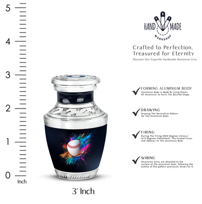 Jet Black Baseball Cremation Urn top-down view of secure threaded lid - modern art-inspired baseball motif on sleek aluminum - mini keepsake memorial for portion of cremation ashes