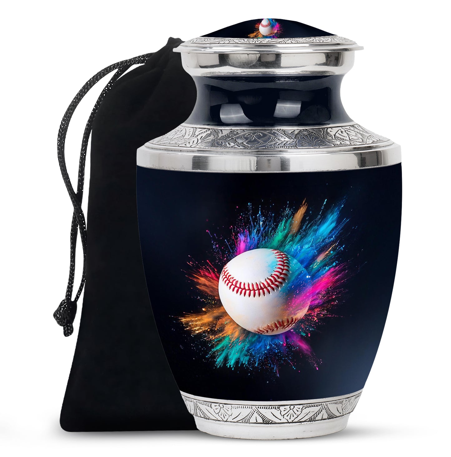 Ebony Baseball Cremation Urn side profile showing urn shape - contemporary baseball design with modern artistic flair - full-size 10 inch 200 cubic inch adult cremation urn