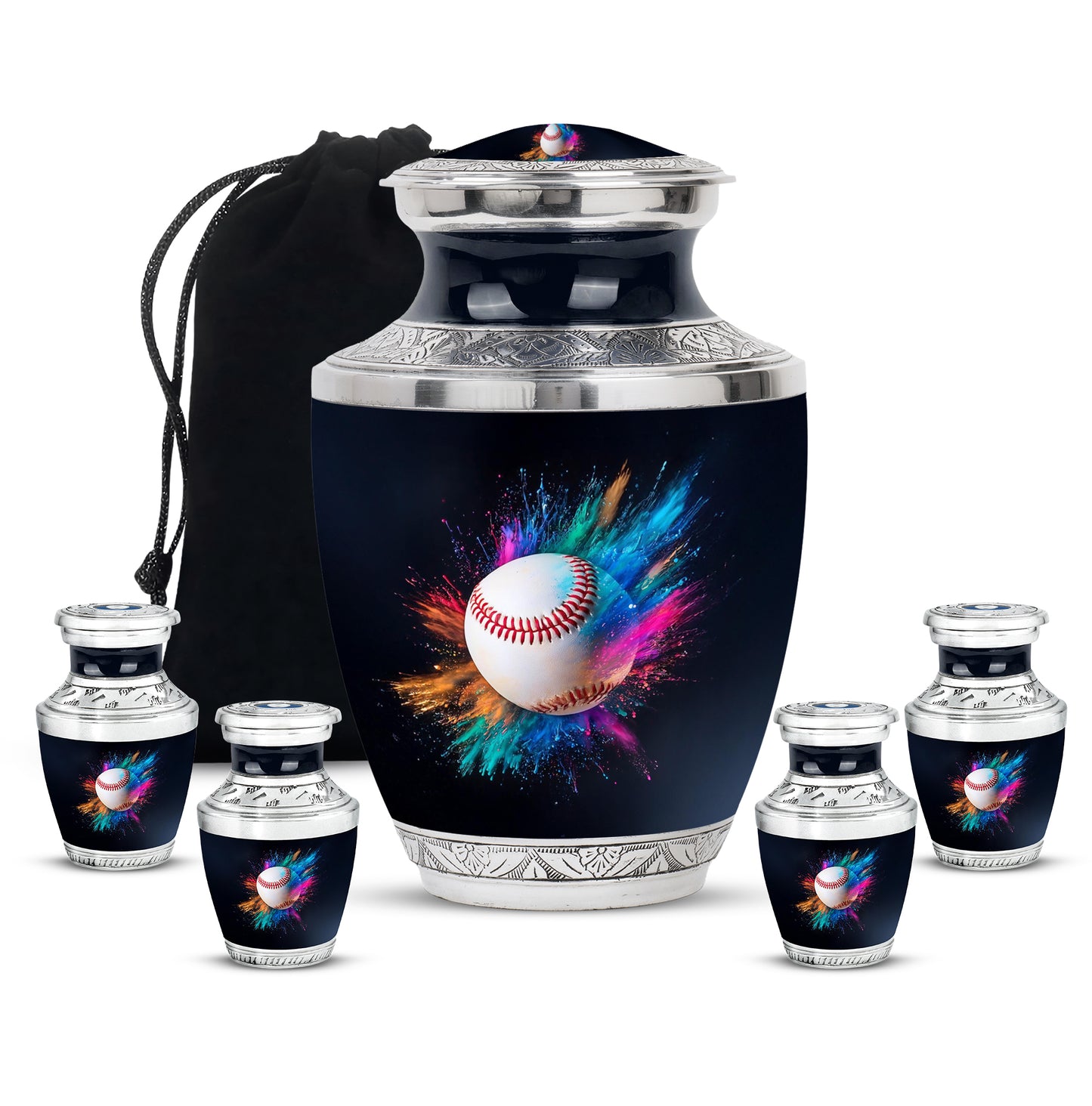 Glossy Black Baseball Cremation Urn lifestyle display on memorial shelf - contemporary baseball design with modern artistic flair - memorial set with one large and four small urns