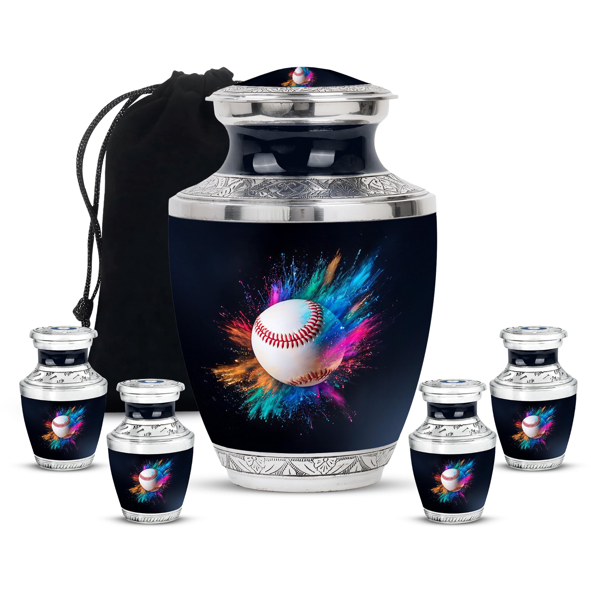 Glossy Black Baseball Cremation Urn lifestyle display on memorial shelf - contemporary baseball design with modern artistic flair - memorial set with one large and four small urns