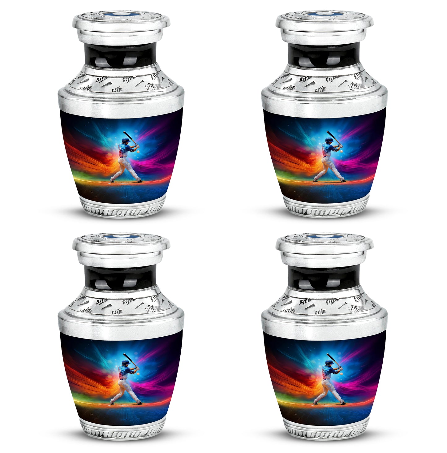 Pastel Blue Baseball Cremation Urn back view with polished surface - contemporary baseball design with modern artistic flair - 10 inch aluminum urn for cremated remains