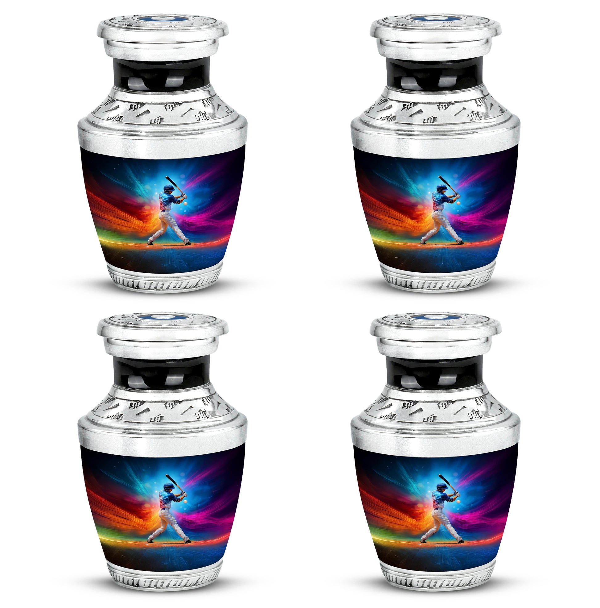 Pastel Blue Baseball Cremation Urn back view with polished surface - contemporary baseball design with modern artistic flair - 10 inch aluminum urn for cremated remains