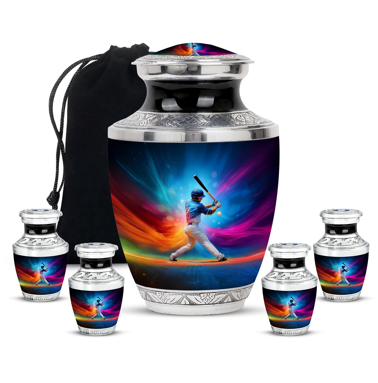 Steel Blue Baseball Cremation Urn lifestyle display on memorial shelf - artistic baseball interpretation with creative detail - memorial set with one large and four small urns