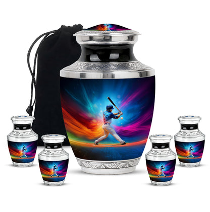 Steel Blue Baseball Cremation Urn lifestyle display on memorial shelf - artistic baseball interpretation with creative detail - memorial set with one large and four small urns