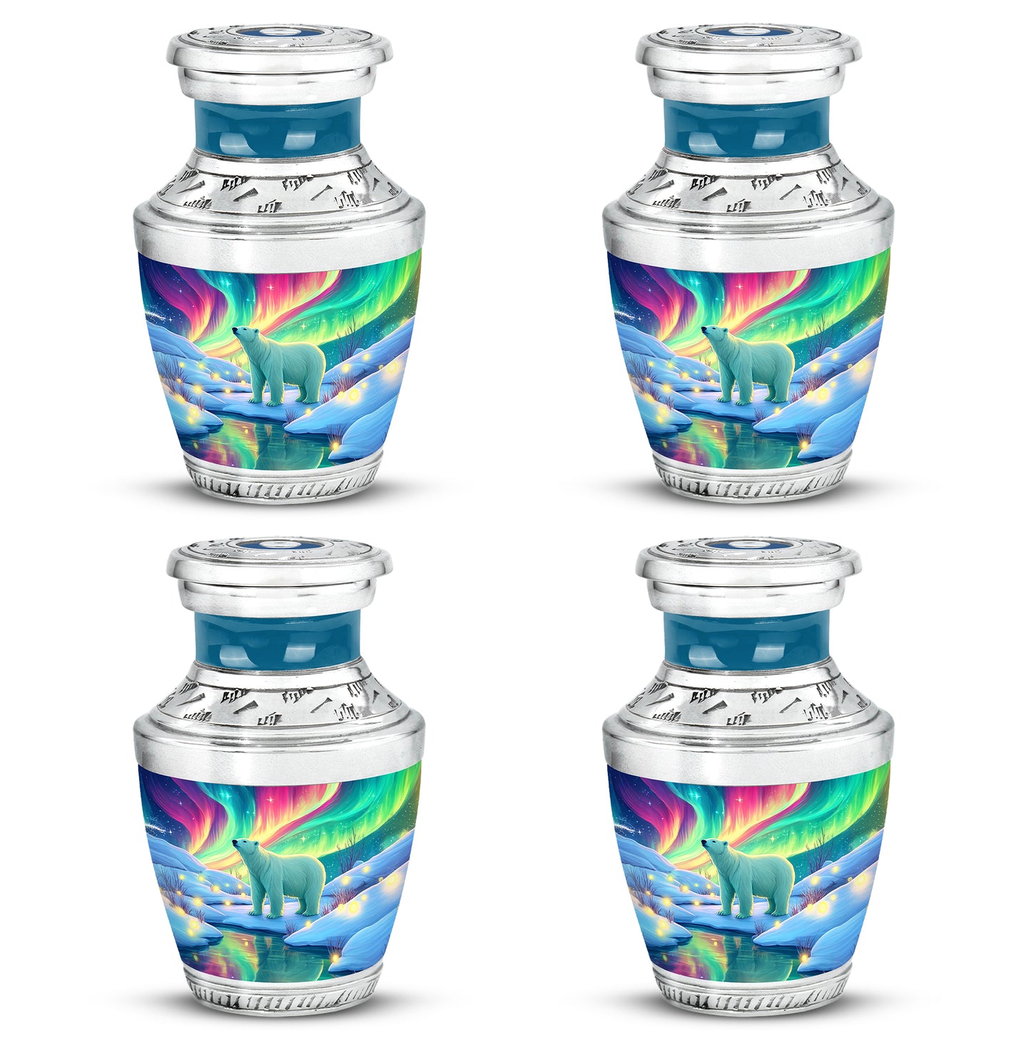 Deep Teal Bear Cremation Urn back view with polished surface - stylized abstract bear pattern with bold lines - 10 inch aluminum urn for cremated remains
