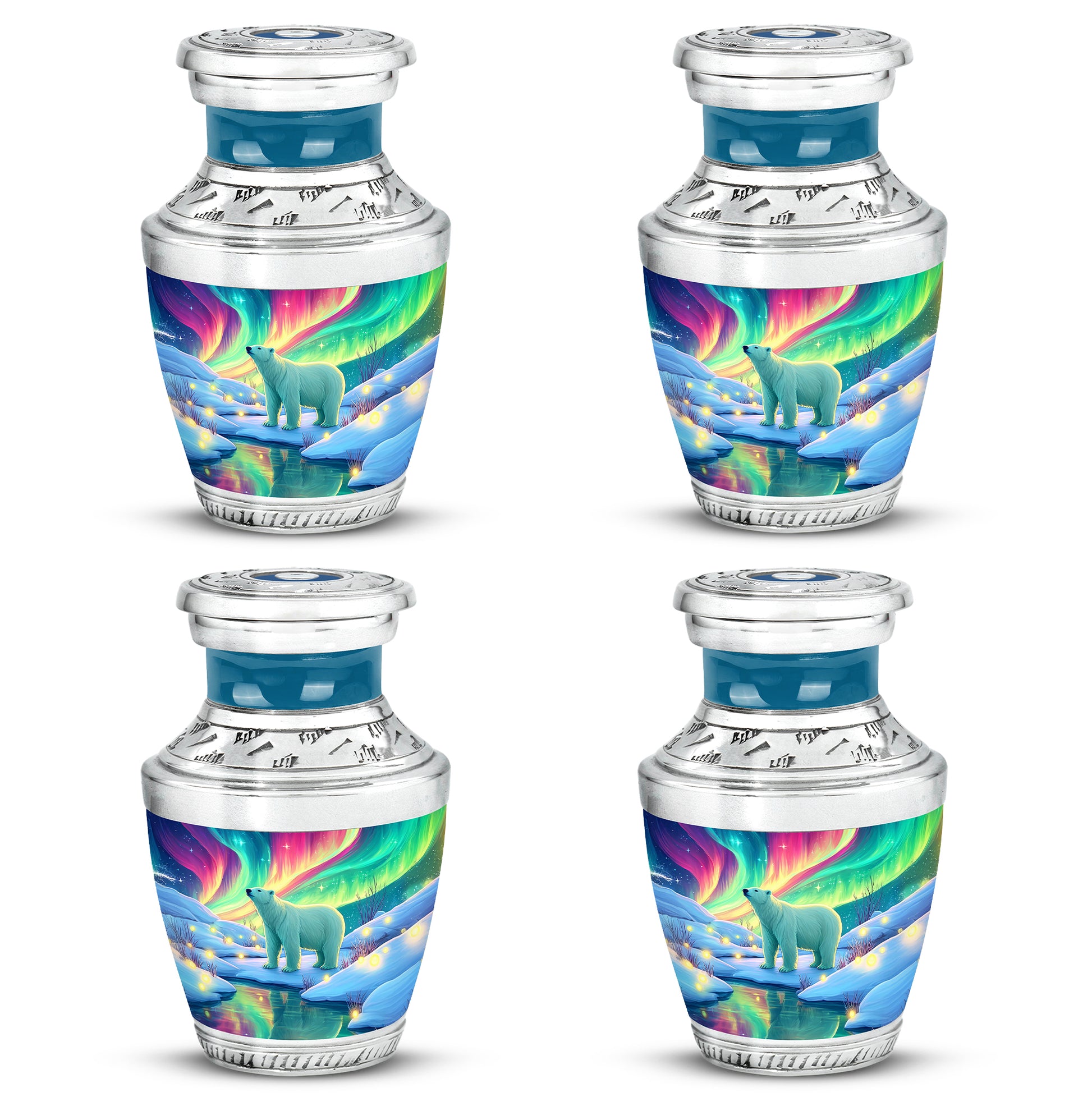 Deep Teal Bear Cremation Urn back view with polished surface - stylized abstract bear pattern with bold lines - 10 inch aluminum urn for cremated remains