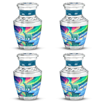 Deep Teal Bear Cremation Urn back view with polished surface - stylized abstract bear pattern with bold lines - 10 inch aluminum urn for cremated remains