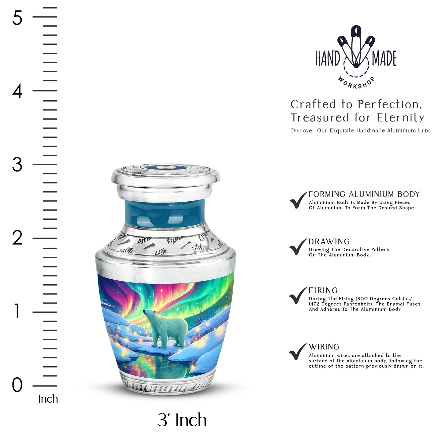 Mystic Teal Bear Cremation Urn top-down view of secure threaded lid - artistic bear interpretation with creative detail - mini keepsake memorial for portion of cremation ashes