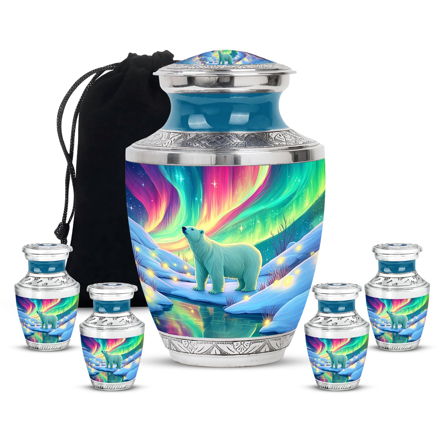 Mystic Teal Bear Cremation Urn lifestyle display on memorial shelf - stylized abstract bear pattern with bold lines - memorial set with one large and four small urns