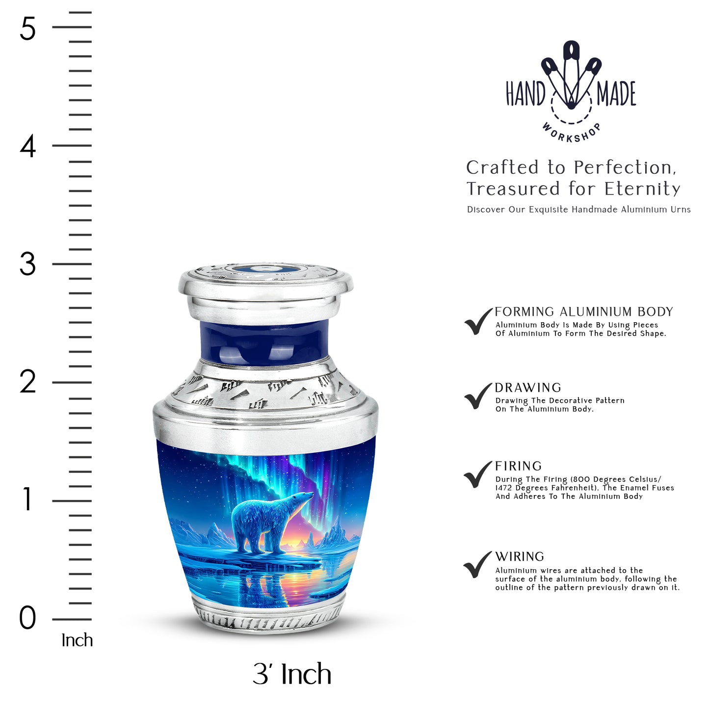 Cobalt Blue Bear Cremation Urn top-down view of secure threaded lid - stylized abstract bear pattern with bold lines - mini keepsake memorial for portion of cremation ashes