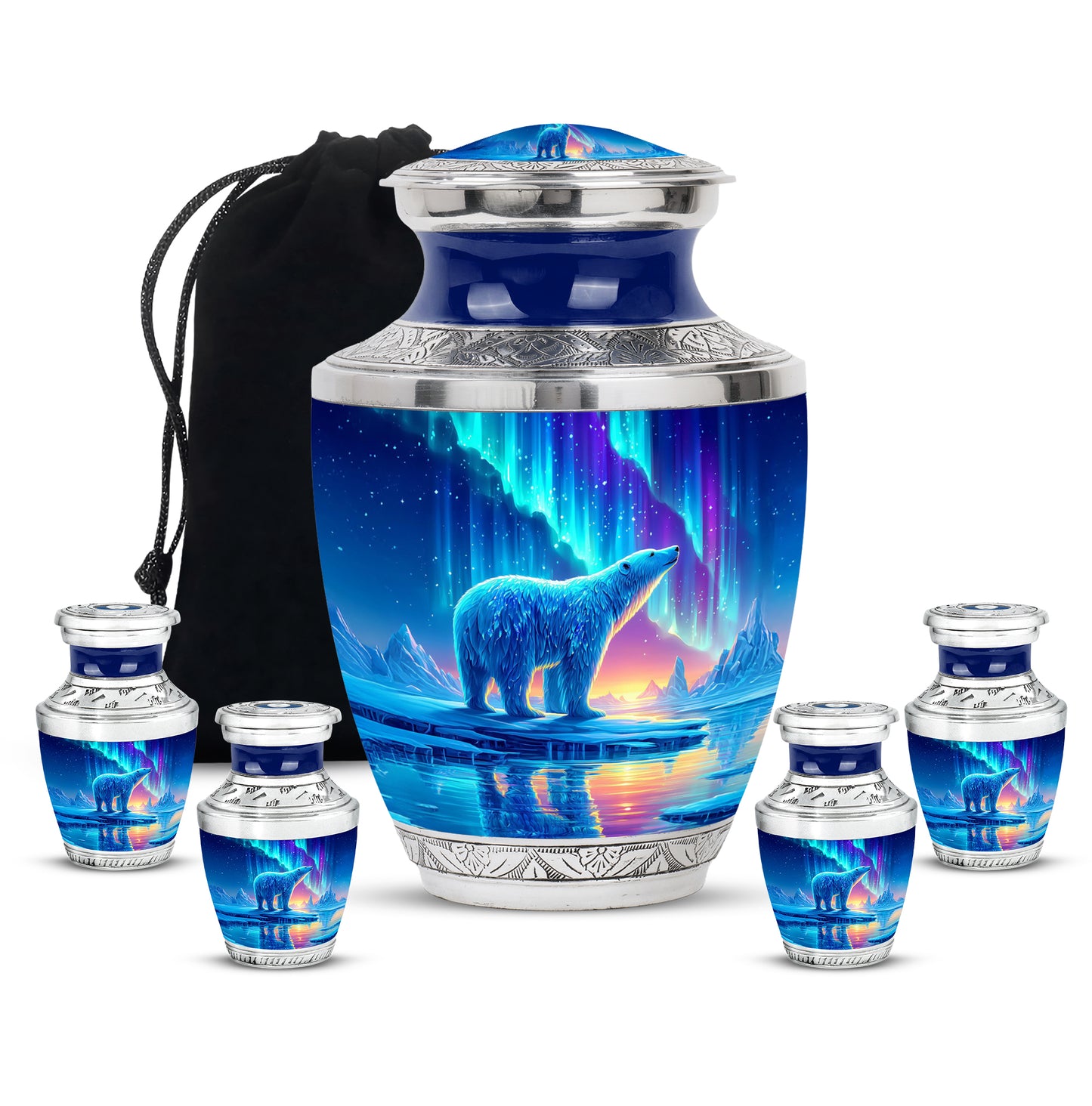 Icy Blue Bear Cremation Urn lifestyle display on memorial shelf - contemporary bear design with modern artistic flair - memorial set with one large and four small urns