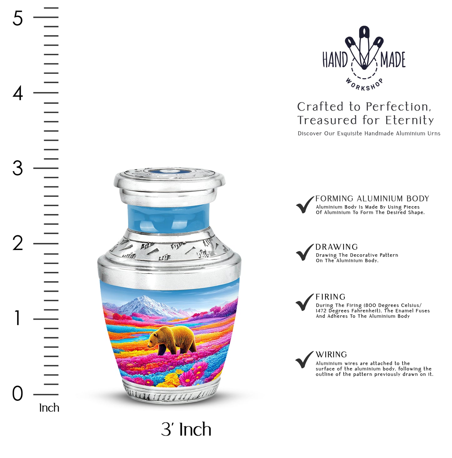 Vivid Blue Bear Cremation Urn top-down view of secure threaded lid - stylized abstract bear pattern with bold lines - mini keepsake memorial for portion of cremation ashes