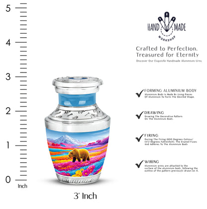 Vivid Blue Bear Cremation Urn top-down view of secure threaded lid - stylized abstract bear pattern with bold lines - mini keepsake memorial for portion of cremation ashes