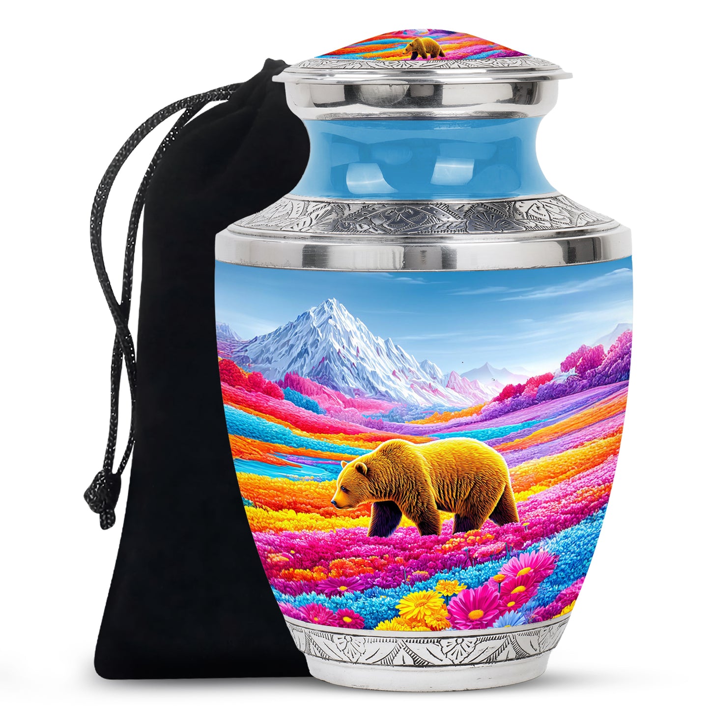 Royal Blue Bear Cremation Urn side profile showing urn shape - artistic bear interpretation with creative detail - full-size 10 inch 200 cubic inch adult cremation urn