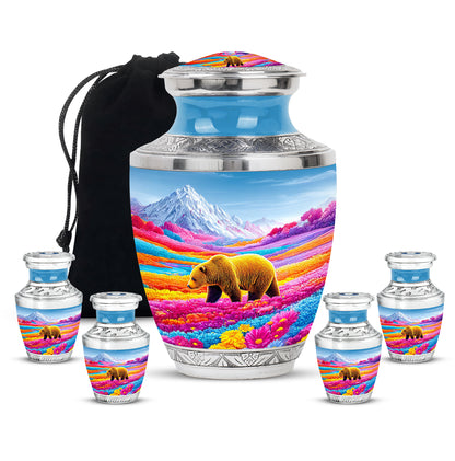 Indigo Bear Cremation Urn lifestyle display on memorial shelf - contemporary bear design with modern artistic flair - memorial set with one large and four small urns