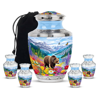 Celestial Blue Bear Cremation Urn lifestyle display on memorial shelf - contemporary bear design with modern artistic flair - memorial set with one large and four small urns