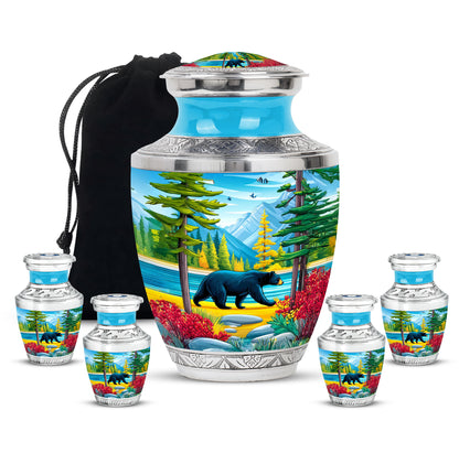 Azure Bear Cremation Urn lifestyle display on memorial shelf - contemporary bear design with modern artistic flair - memorial set with one large and four small urns