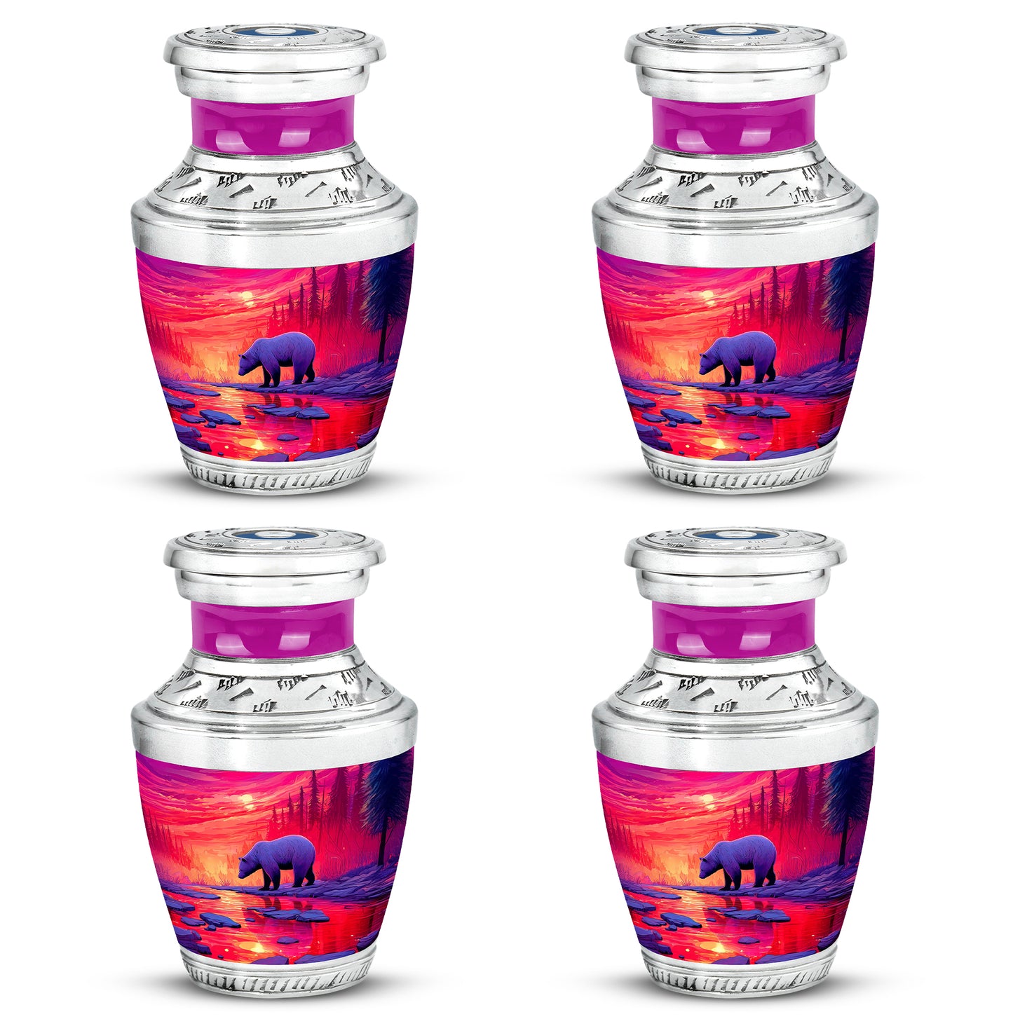 Soft Pink Bear Cremation Urn back view with polished surface - stylized abstract bear pattern with bold lines - 10 inch aluminum urn for cremated remains