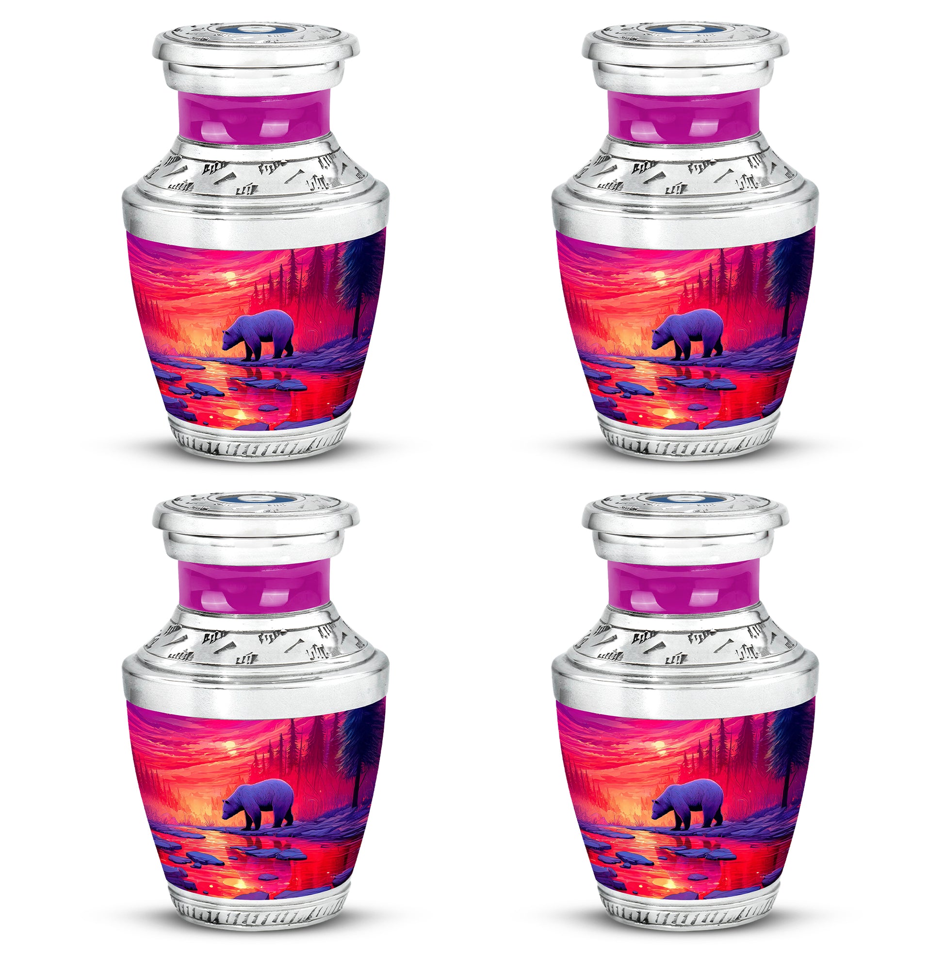Soft Pink Bear Cremation Urn back view with polished surface - stylized abstract bear pattern with bold lines - 10 inch aluminum urn for cremated remains