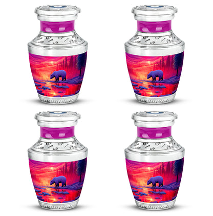 Soft Pink Bear Cremation Urn back view with polished surface - stylized abstract bear pattern with bold lines - 10 inch aluminum urn for cremated remains