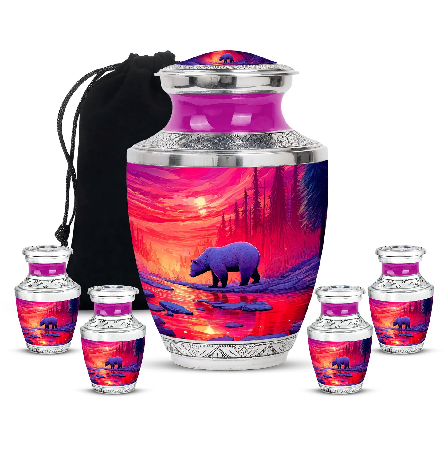 Vintage Pink Bear Cremation Urn lifestyle display on memorial shelf - artistic bear interpretation with creative detail - memorial set with one large and four small urns