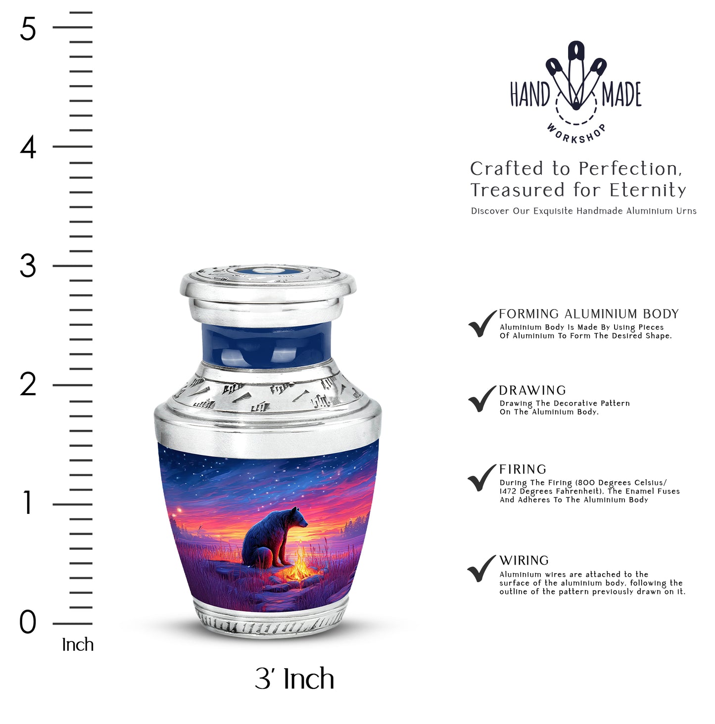 Pastel Blue Bear Cremation Urn top-down view of secure threaded lid - modern art-inspired bear motif on sleek aluminum - mini keepsake memorial for portion of cremation ashes