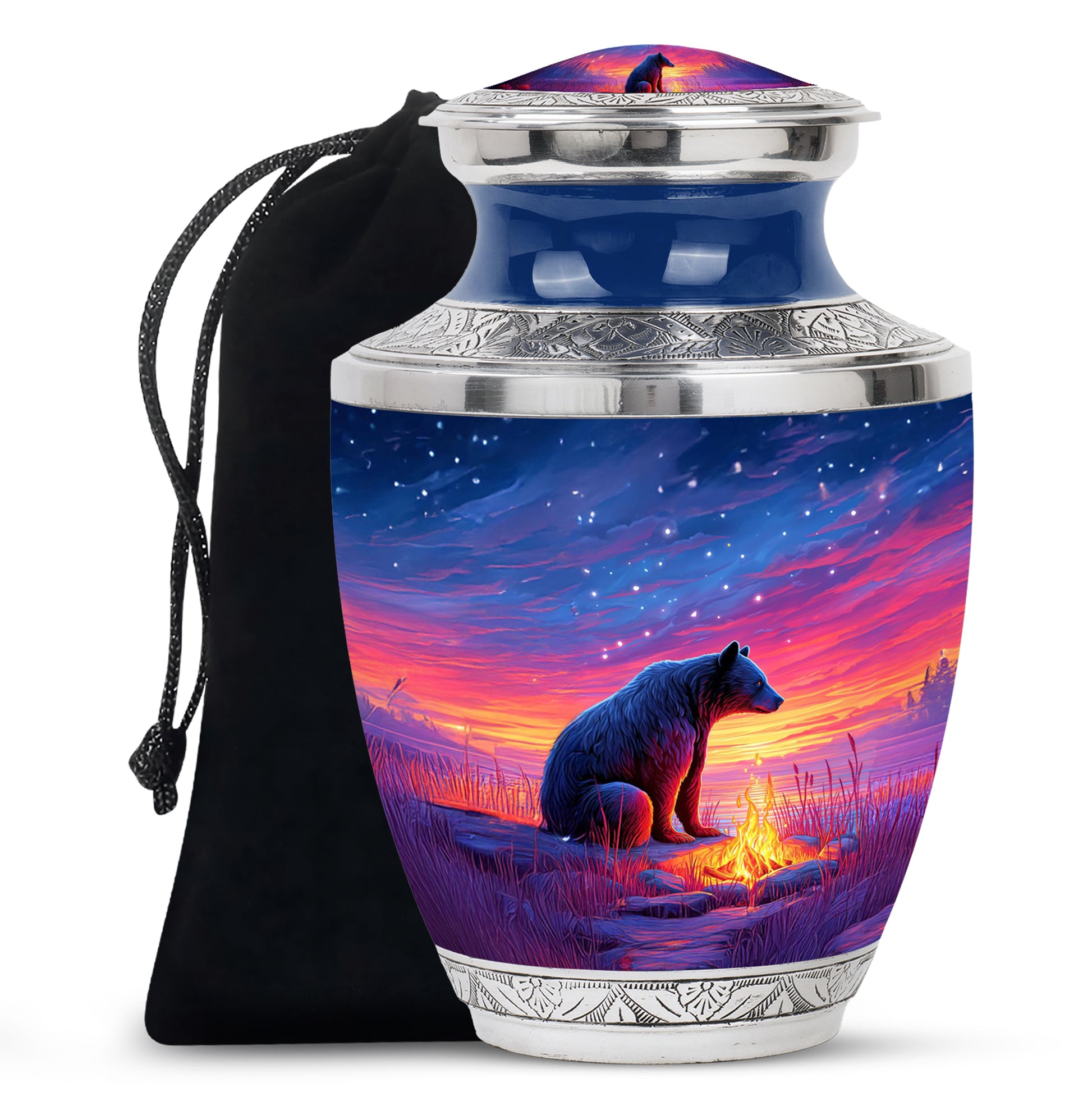 Sky Blue Bear Cremation Urn side profile showing urn shape - modern art-inspired bear motif on sleek aluminum - full-size 10 inch 200 cubic inch adult cremation urn