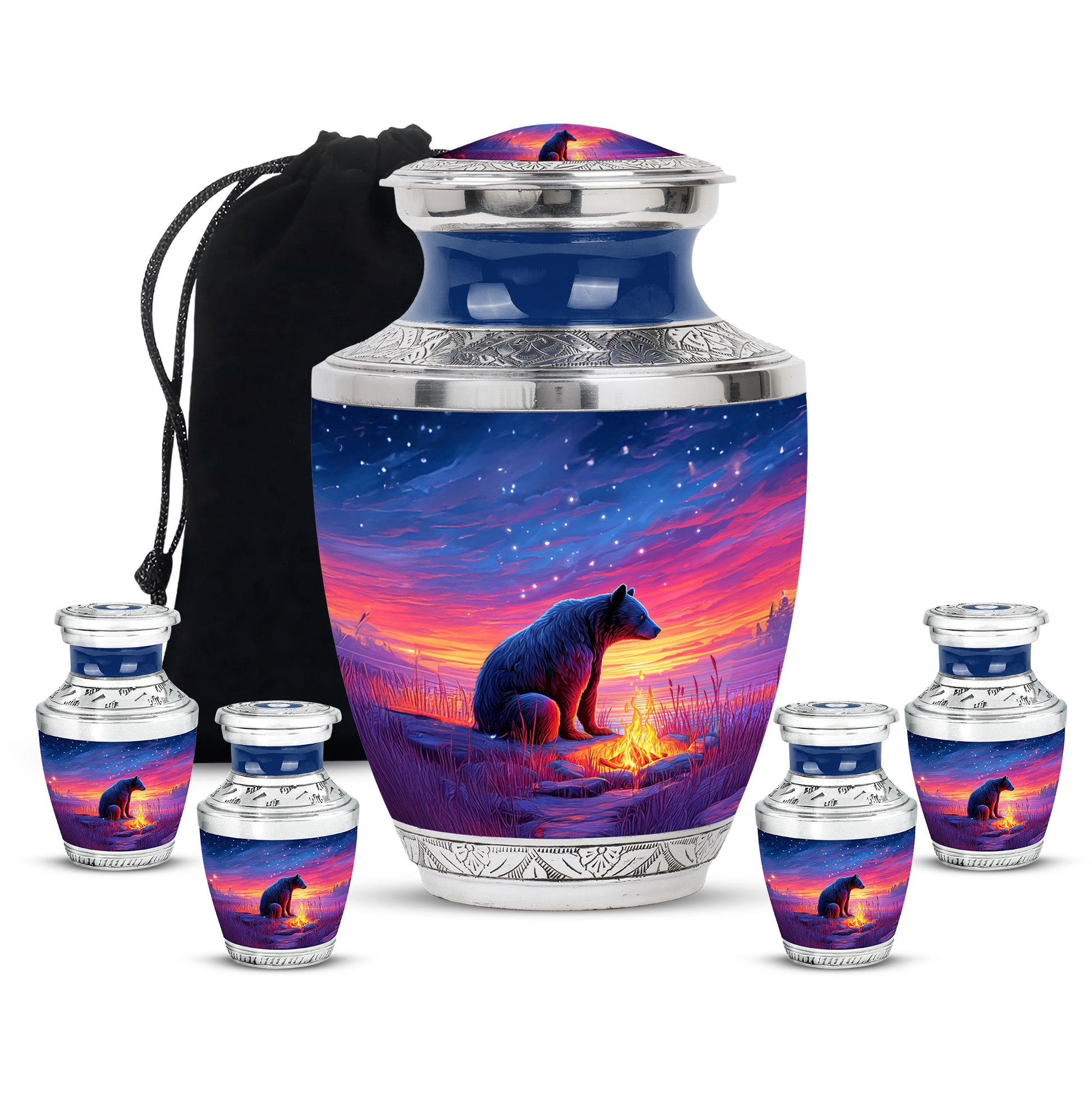 Twilight Blue Bear Cremation Urn lifestyle display on memorial shelf - stylized abstract bear pattern with bold lines - memorial set with one large and four small urns