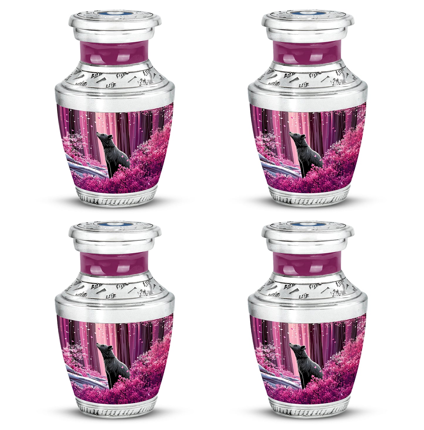 Salmon Pink Bear Cremation Urn back view with polished surface - stylized abstract bear pattern with bold lines - 10 inch aluminum urn for cremated remains