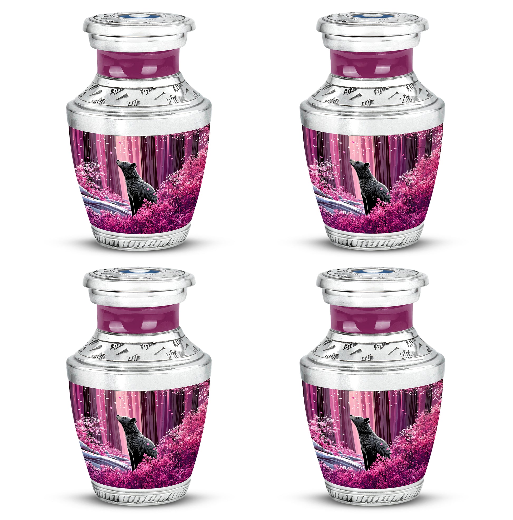 Salmon Pink Bear Cremation Urn back view with polished surface - stylized abstract bear pattern with bold lines - 10 inch aluminum urn for cremated remains