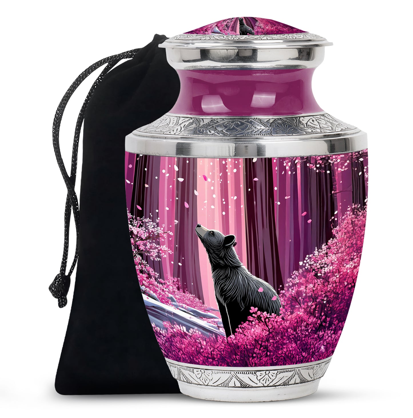 Coral Pink Bear Cremation Urn side profile showing urn shape - modern art-inspired bear motif on sleek aluminum - full-size 10 inch 200 cubic inch adult cremation urn