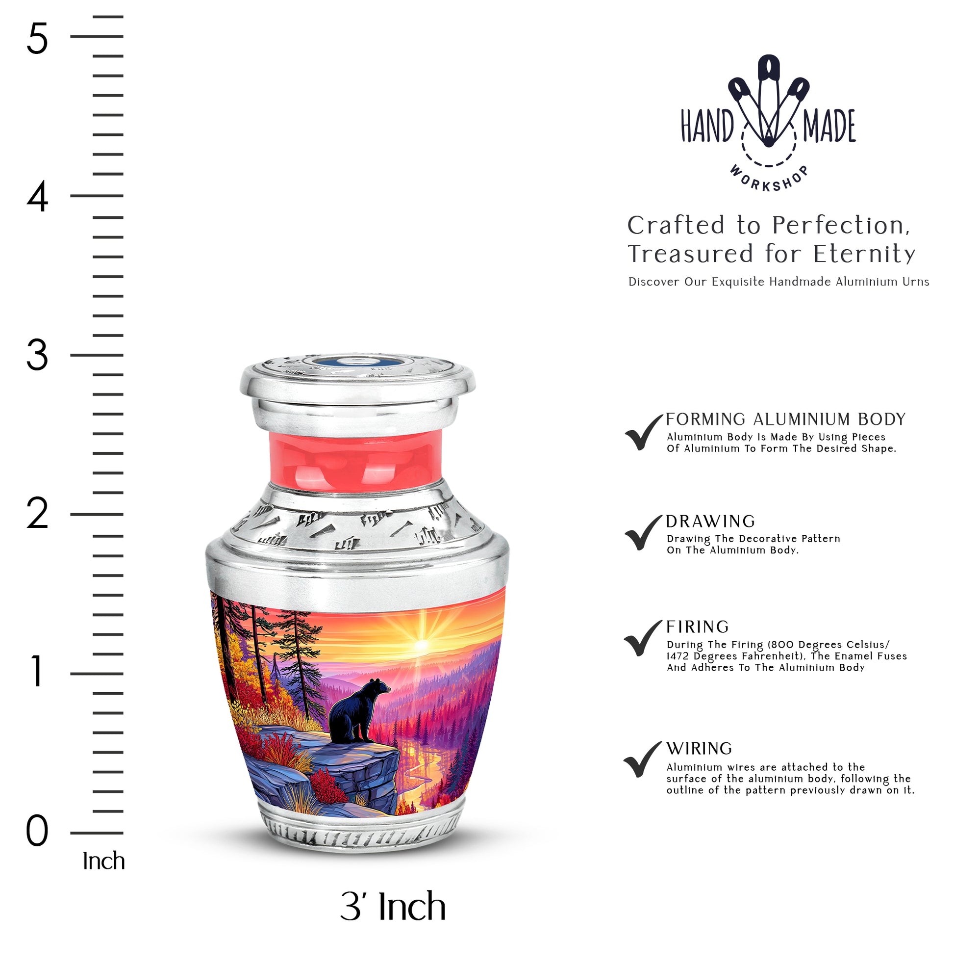 Garnet Red Bear Cremation Urn top-down view of secure threaded lid - modern art-inspired bear motif on sleek aluminum - mini keepsake memorial for portion of cremation ashes