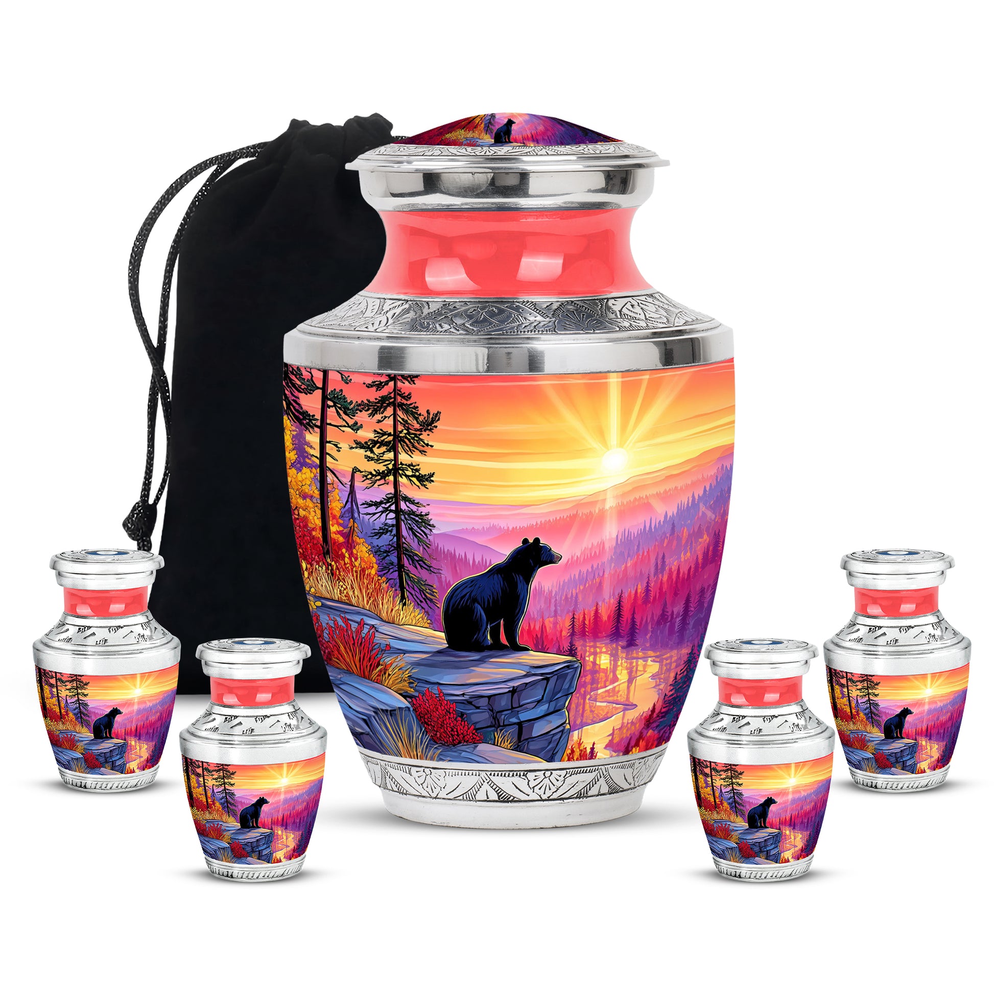 Deep Red Bear Cremation Urn lifestyle display on memorial shelf - contemporary bear design with modern artistic flair - memorial set with one large and four small urns