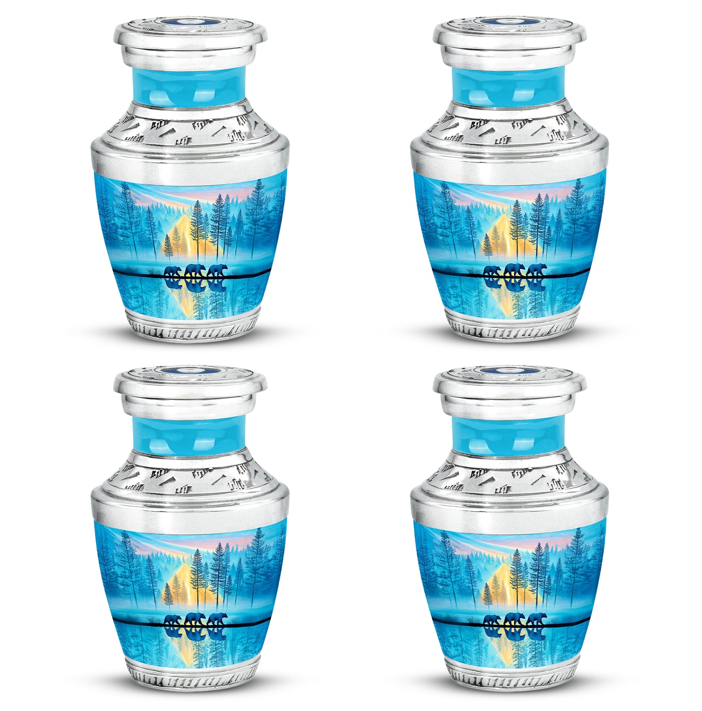 Sea Green Teal Bear Cremation Urn back view with polished surface - modern art-inspired bear motif on sleek aluminum - 10 inch aluminum urn for cremated remains