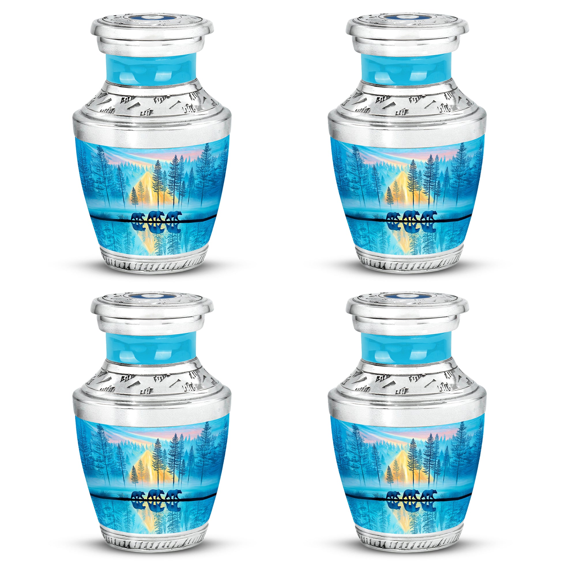 Sea Green Teal Bear Cremation Urn back view with polished surface - modern art-inspired bear motif on sleek aluminum - 10 inch aluminum urn for cremated remains