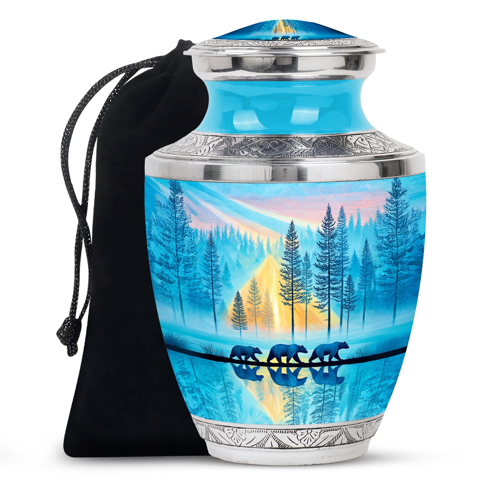 Aqua Teal Bear Cremation Urn side profile showing urn shape - stylized abstract bear pattern with bold lines - full-size 10 inch 200 cubic inch adult cremation urn