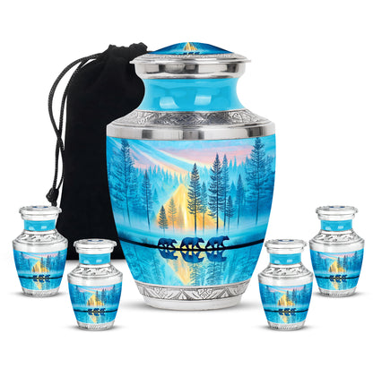 Vivid Teal Bear Cremation Urn lifestyle display on memorial shelf - stylized abstract bear pattern with bold lines - memorial set with one large and four small urns
