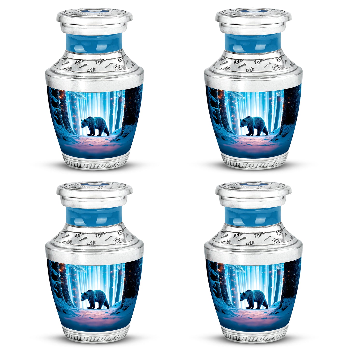 Deep Teal Bear Cremation Urn back view with polished surface - stylized abstract bear pattern with bold lines - 10 inch aluminum urn for cremated remains