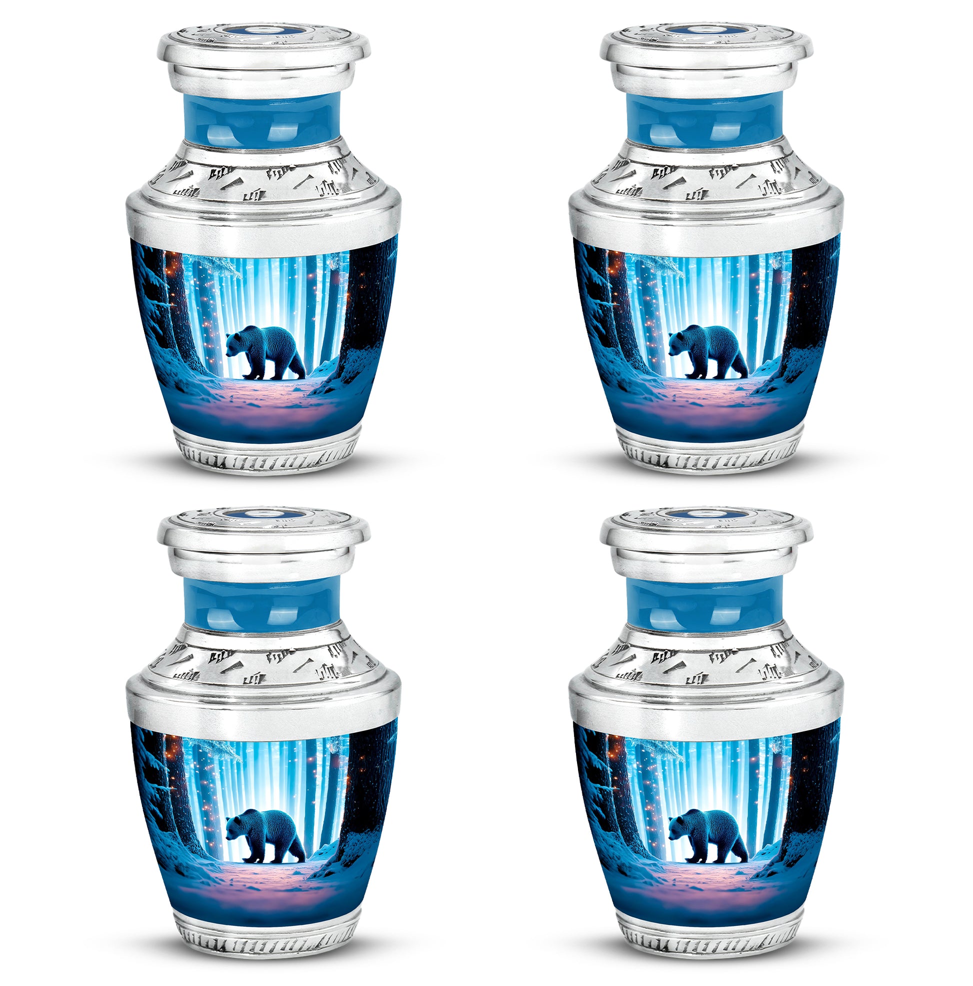 Deep Teal Bear Cremation Urn back view with polished surface - stylized abstract bear pattern with bold lines - 10 inch aluminum urn for cremated remains