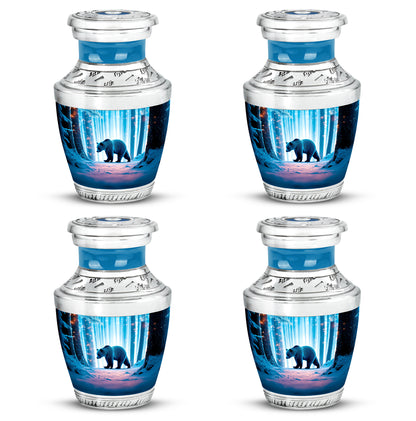 Deep Teal Bear Cremation Urn back view with polished surface - stylized abstract bear pattern with bold lines - 10 inch aluminum urn for cremated remains