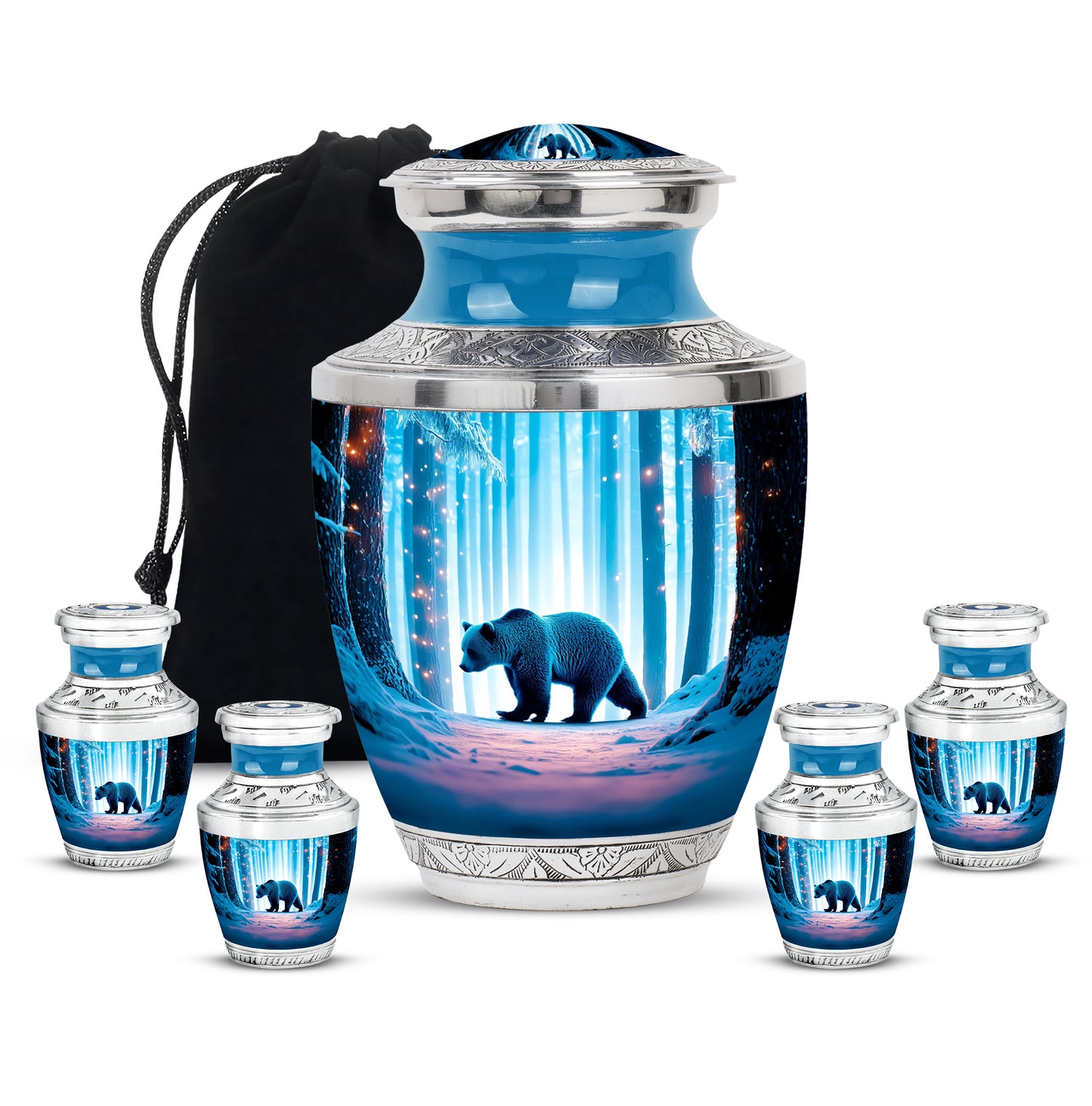 Aqua Teal Bear Cremation Urn lifestyle display on memorial shelf - artistic bear interpretation with creative detail - memorial set with one large and four small urns