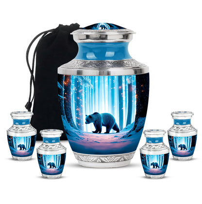 Aqua Teal Bear Cremation Urn lifestyle display on memorial shelf - artistic bear interpretation with creative detail - memorial set with one large and four small urns