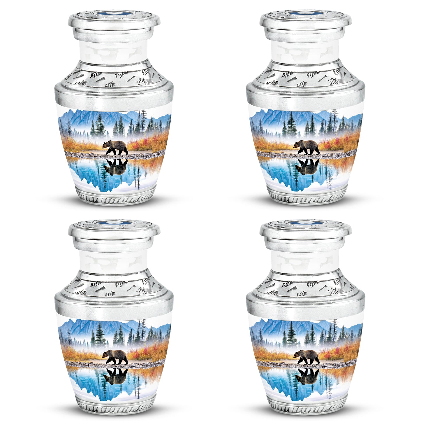 Cornflower Blue Bear Cremation Urn back view with polished surface - stylized abstract bear pattern with bold lines - 10 inch aluminum urn for cremated remains
