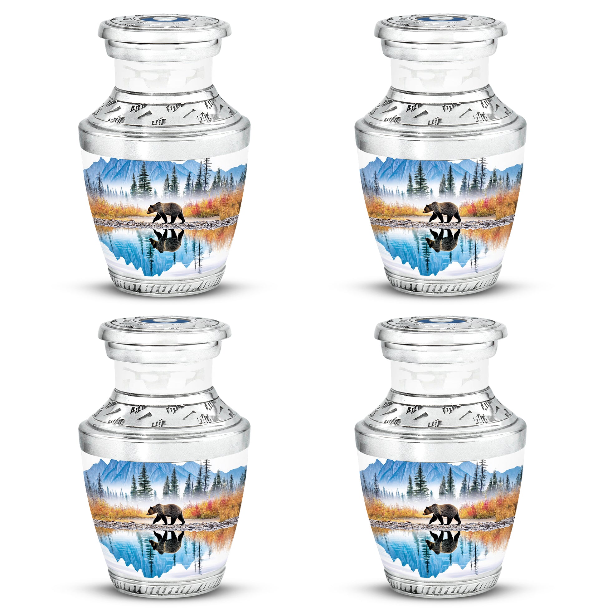 Cornflower Blue Bear Cremation Urn back view with polished surface - stylized abstract bear pattern with bold lines - 10 inch aluminum urn for cremated remains